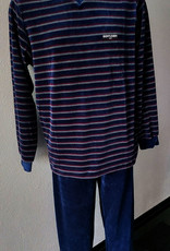Lunatex Lunatex Ravelo velours herenpyjama met V‑hals – marineblauw met brede rood/witte streepprint – maat XL