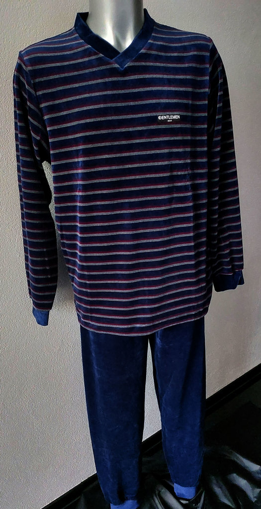 Lunatex Lunatex Ravelo velours herenpyjama met V‑hals – marineblauw met brede rood/witte streepprint – maat XL