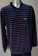 Lunatex Lunatex Ravelo velours herenpyjama met V‑hals – marineblauw met brede rood/witte streepprint – maat XL