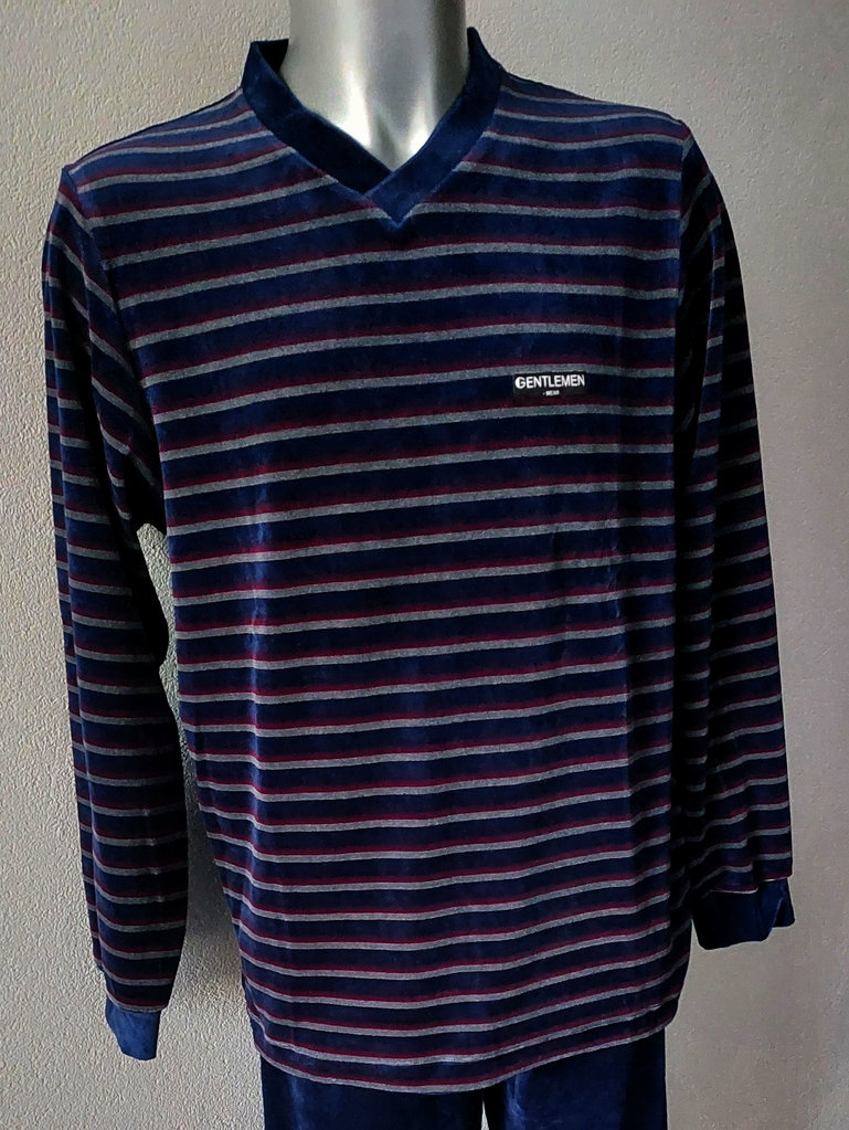 Lunatex Lunatex Ravelo velours herenpyjama met V‑hals – marineblauw met brede rood/witte streepprint – maat XL