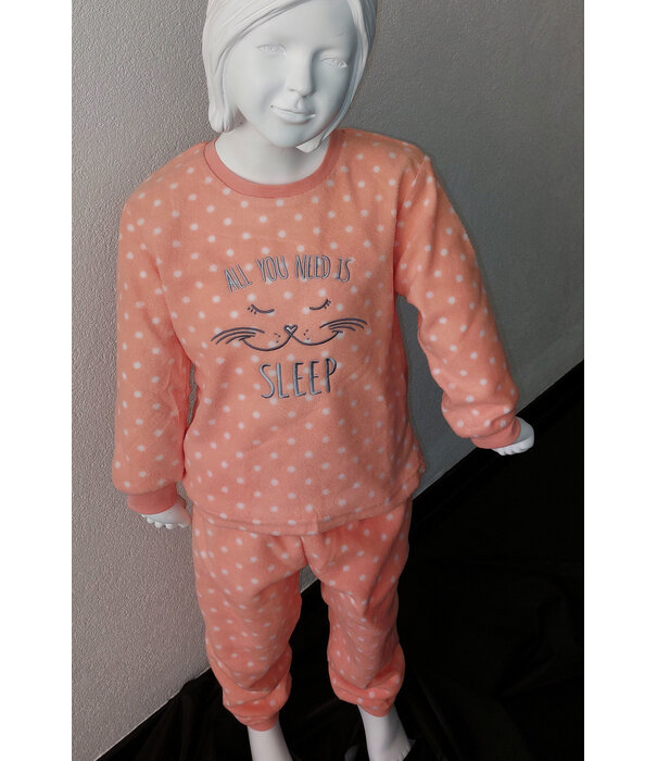 Lunatex Outfitter Alessia Coral Fleece Meisjes Peuterpyjama – Roze met Witte Dots en Poes‑Applicatie