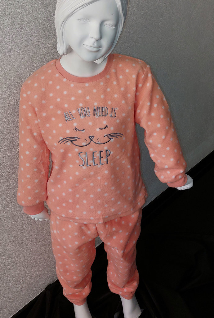Lunatex Outfitter Alessia Coral Fleece Meisjes Peuterpyjama – Lichtblauw met Witte Dots en Poes‑Applicatie