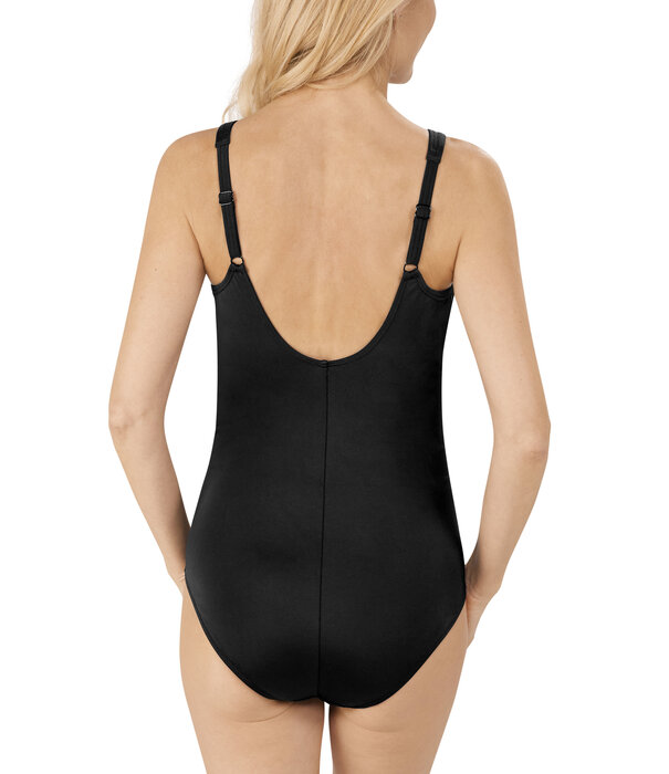 Amoena Mykonos hooggesloten prothese badpak zonder beugel, licht voorgevormd kleur zwart metgeografische print aan bovenrand