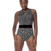 Hooggesloten Amoena Manila prothese‑badpak – zwart met witte print – voorgevormde cups, bustier en zijsteun