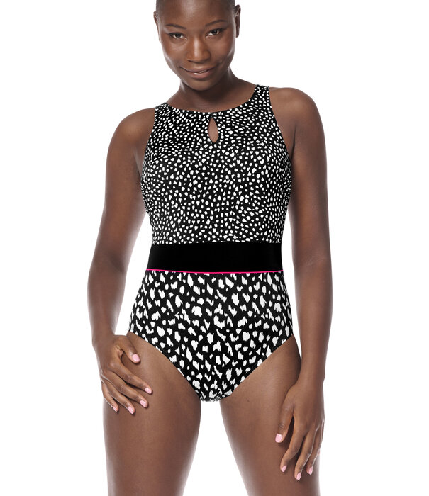 Amoena  Hooggesloten Amoena Manila prothese‑badpak – zwart met witte print – voorgevormde cups, bustier en zijsteun