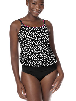 Manila hooggesloten (prothese) tankinitop zonder beugel, in blouson model, kleur zwart met print wit