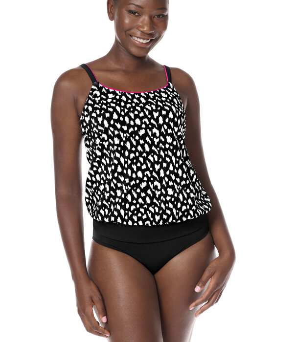 Amoena  Amoena Manila hooggesloten prothese tankinitop zonder beugel in blouson model, zwart‑wit animalprint met pinkkleurige bies