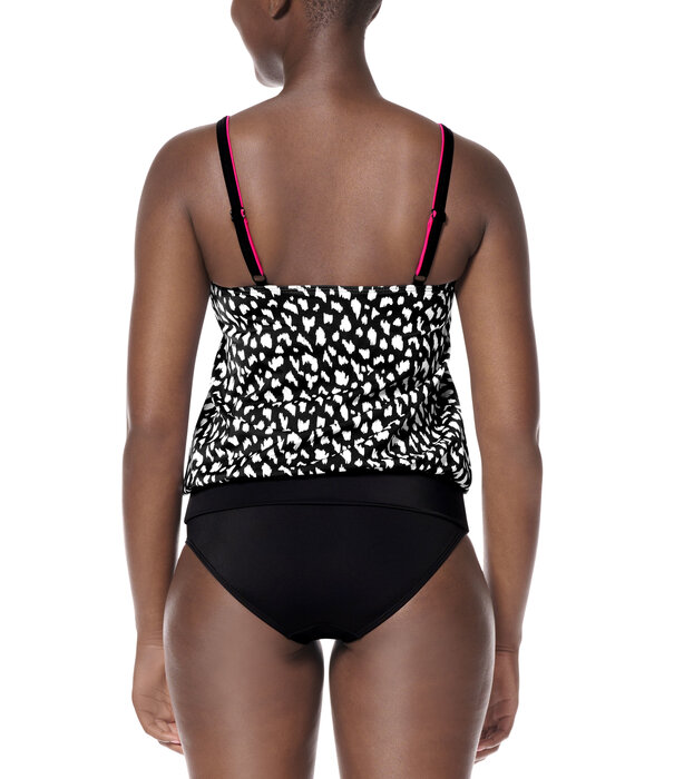 Amoena  Amoena Manila hooggesloten prothese tankinitop zonder beugel in blouson model, zwart‑wit animalprint met pinkkleurige bies