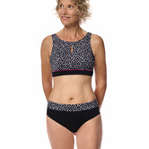 Amoena Manila hooggesloten prothese bikinitop zonder beugel in zwart‑wit animalprint, met licht voorgevormde cups