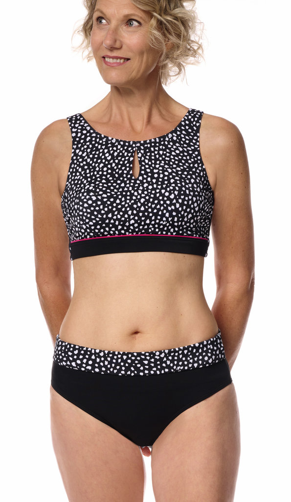 Manila hooggesloten prothese bikinitop zonder beugel, kleur zwart met witte animal print