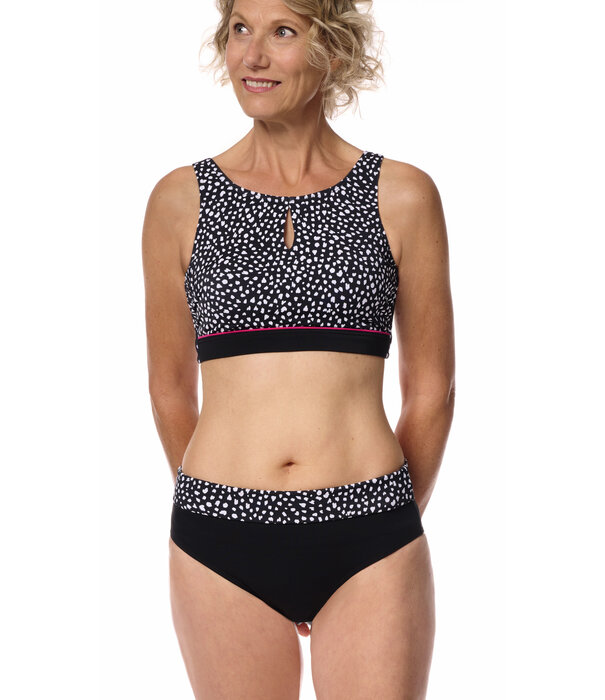 Amoena  Amoena Manila hooggesloten prothese bikinitop zonder beugel in zwart‑wit animalprint, met licht voorgevormde cups