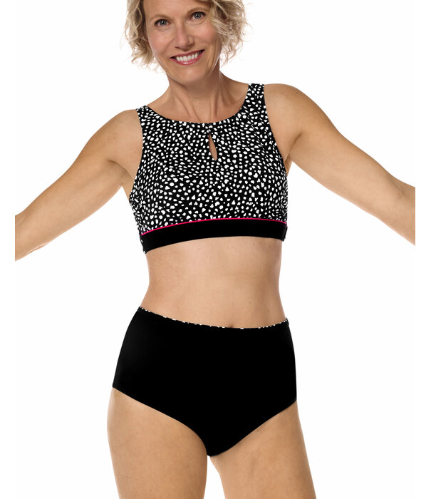 Amoena  Amoena Manila hooggesloten prothese bikinitop zonder beugel in zwart‑wit animalprint, met licht voorgevormde cups