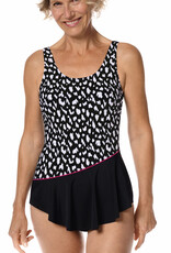 Manila hooggesloten prothese badpak zonder beugel, Sarong model, kleur zwart met wit animal printje