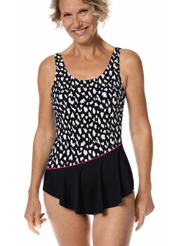 Manila hooggesloten prothese badpak zonder beugel, Sarong model, kleur zwart met wit animal printje