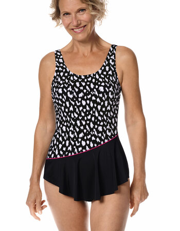 Amoena  Manila hooggesloten prothese badpak zonder beugel, Sarong model, kleur zwart met wit animal printje