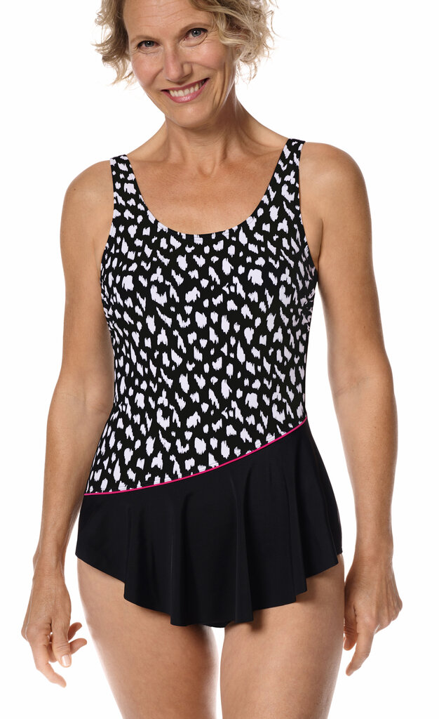 Manila hooggesloten prothese badpak zonder beugel, Sarong model, kleur zwart met wit animal printje