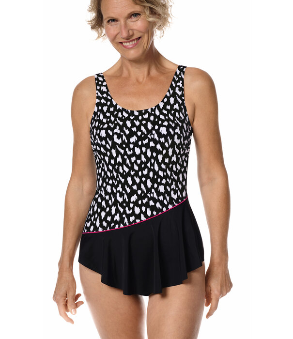 Amoena  Manila hooggesloten prothese badpak zonder beugel, Sarong model, kleur zwart met wit animal printje