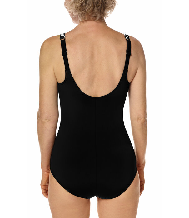 Amoena  Manila hooggesloten prothese badpak zonder beugel, Sarong model, kleur zwart met wit animal printje