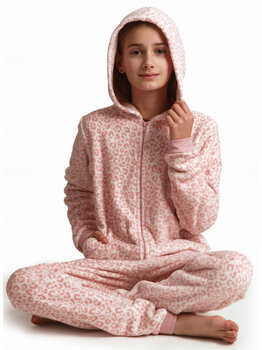 Lunatex Catalina  coral fleece meisjes Onesie kleur ivoor met print pink of ivoor print grijs mt 140 t/m 176