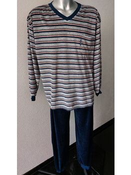 Lunatex Lunatex-Outfitter Robin heren velourspyjama, Jasje grijs gestreept & broek kleur marineblauw mt XL of XXL