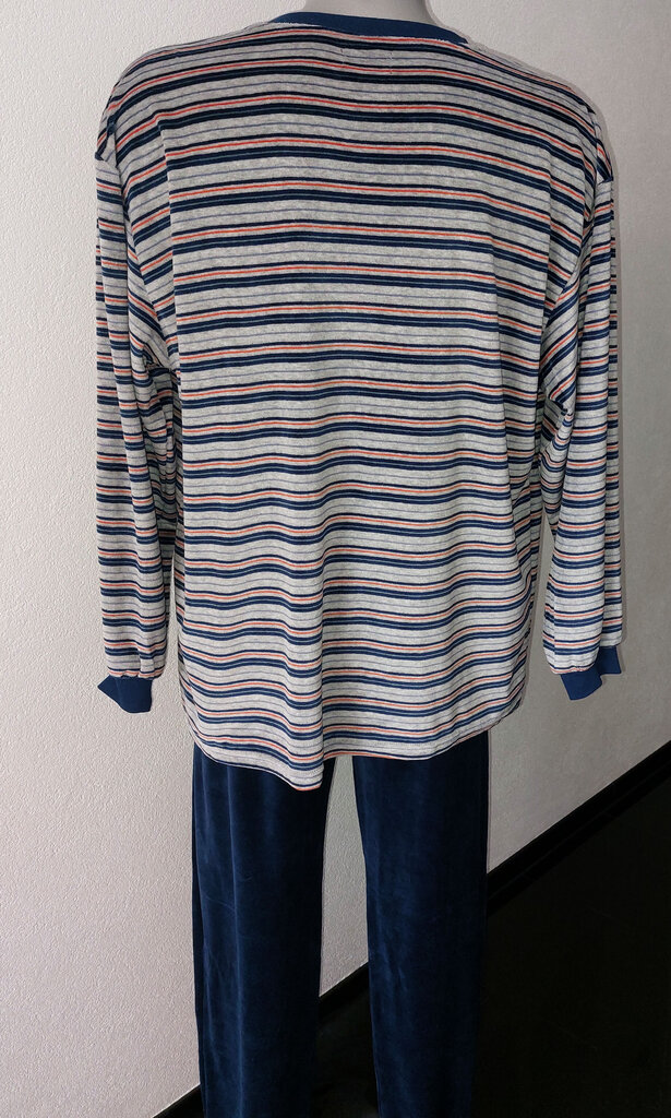 Lunatex Lunatex-Outfitter Robin heren velourspyjama, Jasje grijs gestreept & broek kleur marineblauw mt XL of XXL