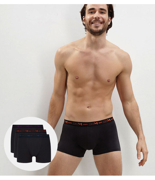 Dim  Dim Cotton Stretch 3 delig boxershortset kleur zwart- band oranje-blauw-purple