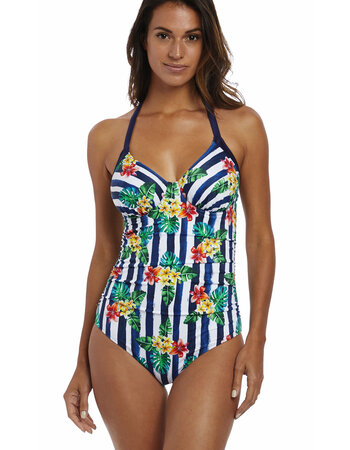 Fantasie Porto badpak met beugel wit met print bloem & streepprint marineblauw gecombineerd mt E80