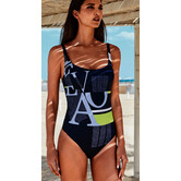 Djuna badpak met ingwerkte beugel basis kleur marineblauw met printy