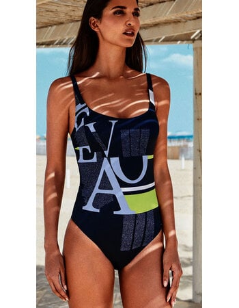 Naturana Djuna badpak met ingwerkte beugel basis kleur marineblauw met print