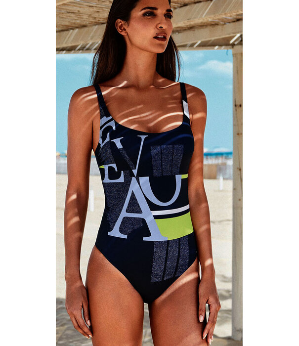 Djuna badpak met ingwerkte beugel basis kleur marineblauw met printy