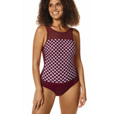 Amoena  Pulia hooggesloten prothese badpak zonder beugel, licht voorgevormd kleur burgundy met retro printje gecombineerd