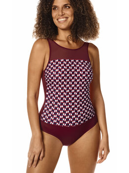 Amoena Pulia hooggesloten prothese badpak zonder beugel, licht voorgevormd kleur burgundy met retro printje gecombineerd