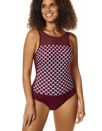 Amoena Pulia hooggesloten prothese badpak zonder beugel, licht voorgevormd kleur burgundy met retro printje gecombineerd