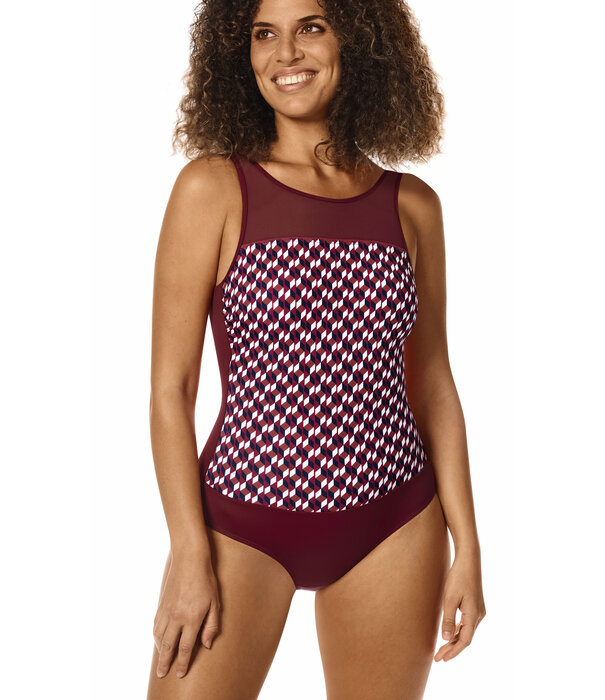 Amoena  Amoena  Pulia hooggesloten prothese badpak zonder beugel, licht voorgevormd kleur burgundy met retro printje gecombineerd