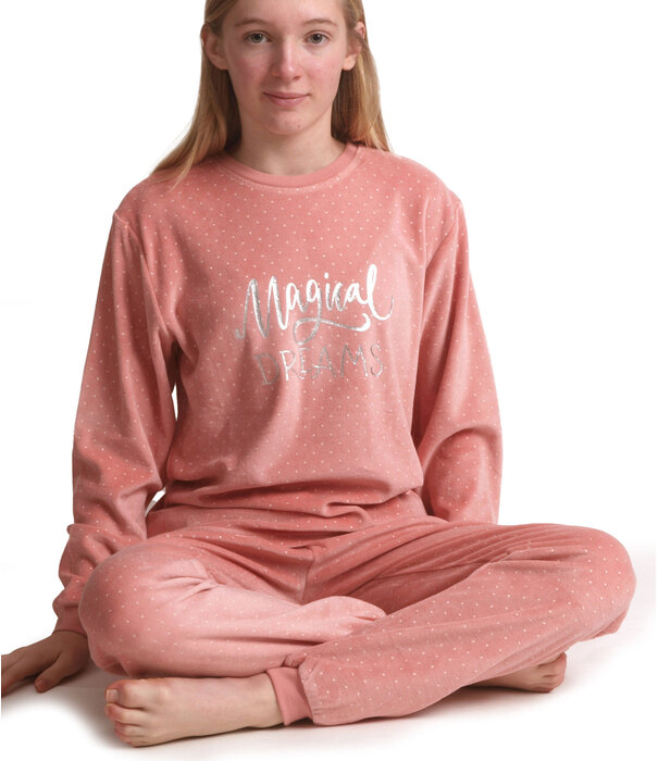 Lunatex Outfitter Velours Meisjes Pyjama – Roze Stipprint Magical Dreams