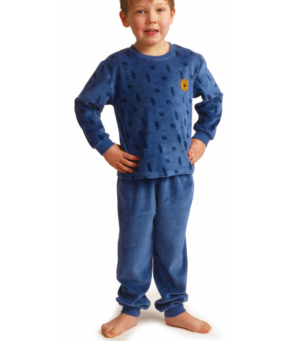 Lunatex Outfitter Peuter Pyjama Outfitter Lark – Navy Velours Jongens Pyjama met Grizzlybeertjes‑print (Maat 104)