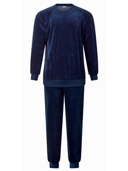 Lunatex Lunatex Ilay velours herenpyjama, marineblauw met print rood gecombineerd