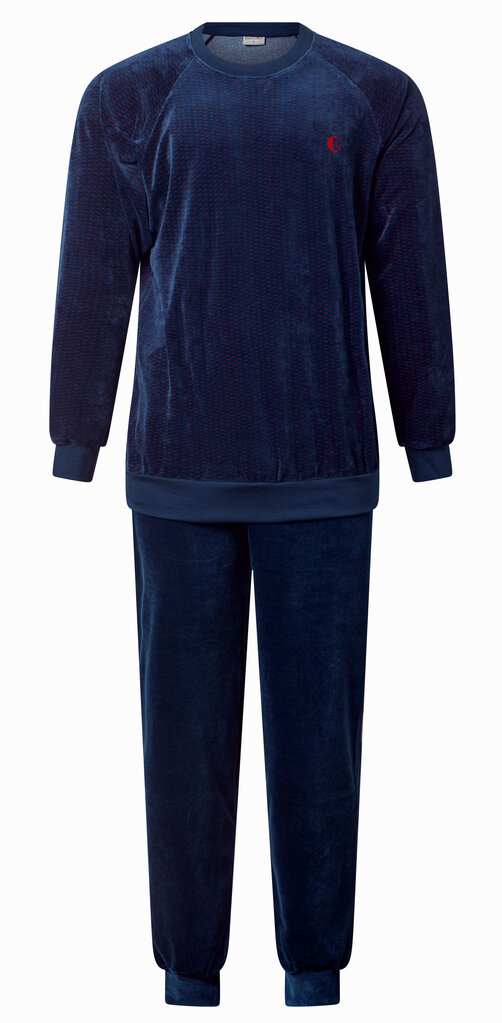 Lunatex Lunatex Ilay velours herenpyjama, marineblauw met print rood gecombineerd