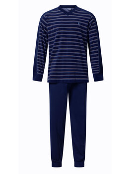 Lunatex Gentlemen Jayvano Badstof Herenpyjama – Marineblauw Gestreept (Alleen 3XL)
