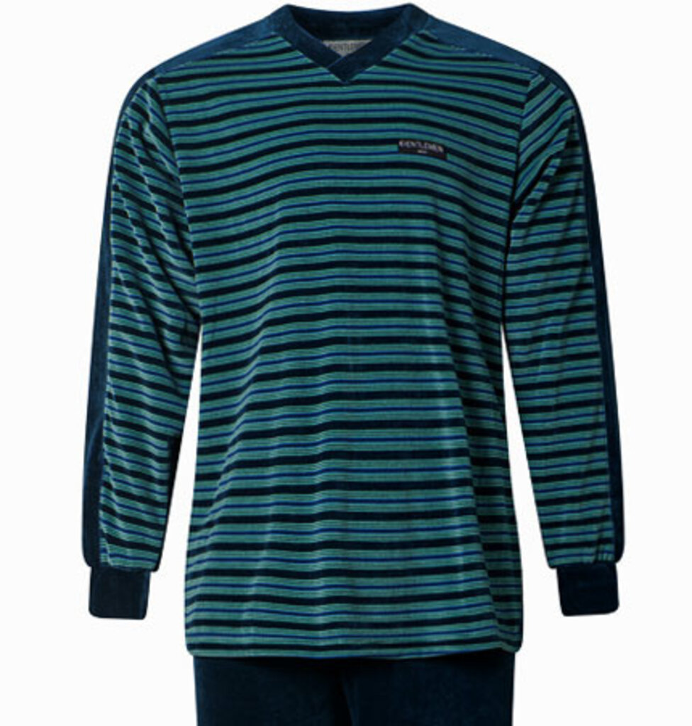 Lunatex Gentlemen Liyam velours herenpyjama met V‑hals – petrol groen met navy/lichtgroen streepprint – maat XL