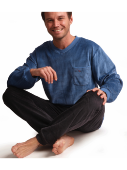 Lunatex Outfitter Jaturon velours herenpyjama kleur blauw met antracietgrijs gecombineerd mt L t/m 2XL