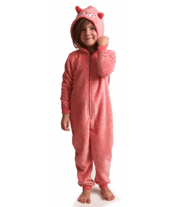 Lunatex Cezanne coral fleece kinder onesie in roze met oortjes en fantasieprint (Cocodream)