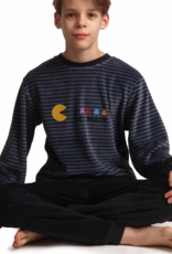 Lunatex Outfitter Mylo Velours Jongenspyjama – Grijs Gestreept met Pac‑Man