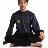 Outfitter Mylo Velours Jongenspyjama – Grijs Gestreept met Pac‑Man