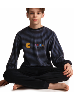 Lunatex Outfitter Mylo Velours Jongenspyjama – Grijs Gestreept met Pac‑Man