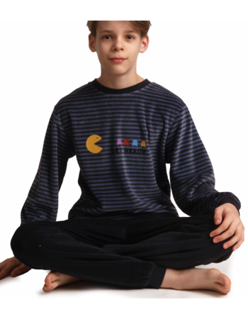 Outfitter Mylo Velours Jongenspyjama – Grijs Gestreept met Pac‑Man