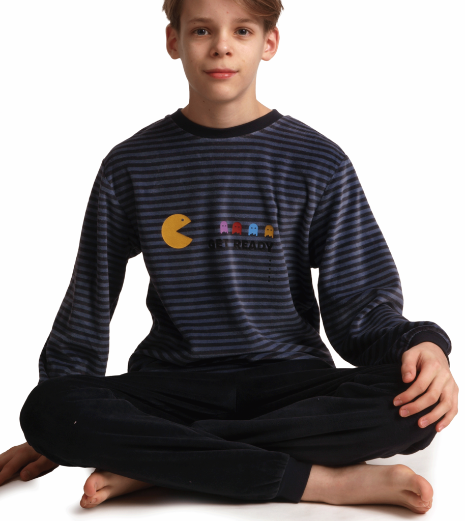 Lunatex Outfitter Mylo Velours Jongenspyjama – Grijs Gestreept met Pac‑Man