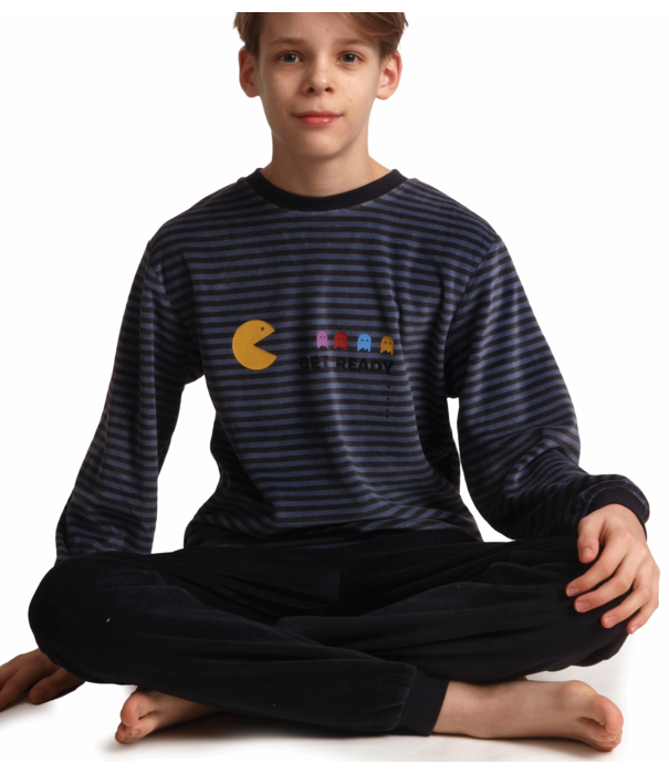Lunatex Outfitter Mylo Velours Jongenspyjama – Grijs Gestreept met Pac‑Man