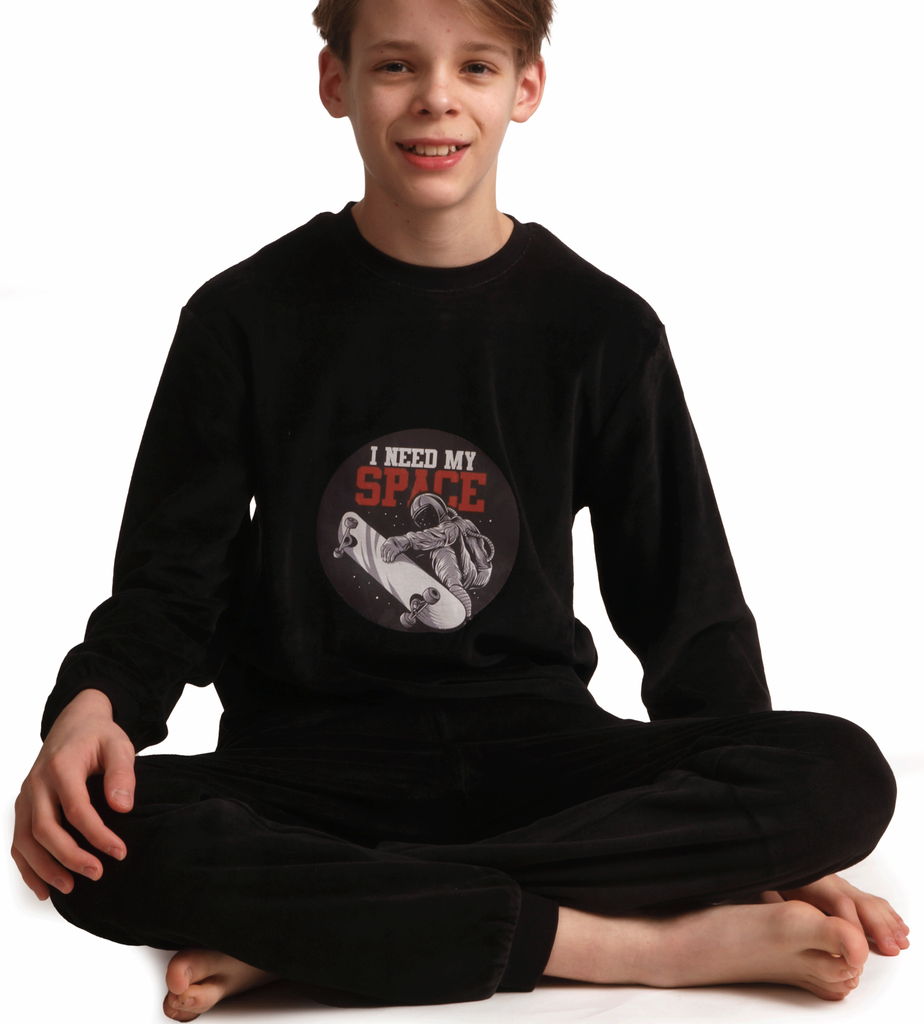 Lunatex  Outfitter Levin velours jongens pyjama, kleur grijs melee, broek kleur zwart, mt 140 t/m 164