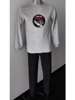 Lunatex Outfitter Levin velours jongens pyjama, kleur grijs melee, broek kleur zwart, mt 140 t/m 164